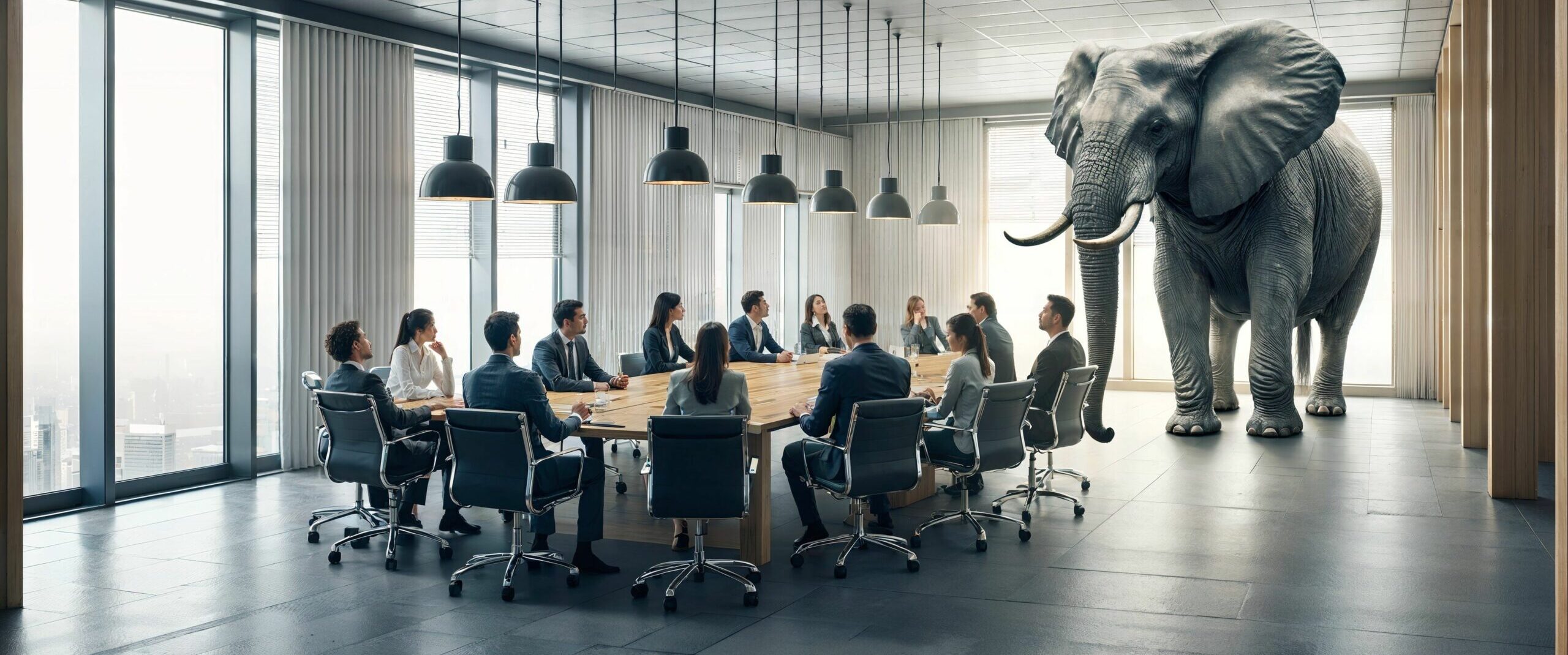 Business people addressing the elephant in the room during a meeting in the conference room, metaphor